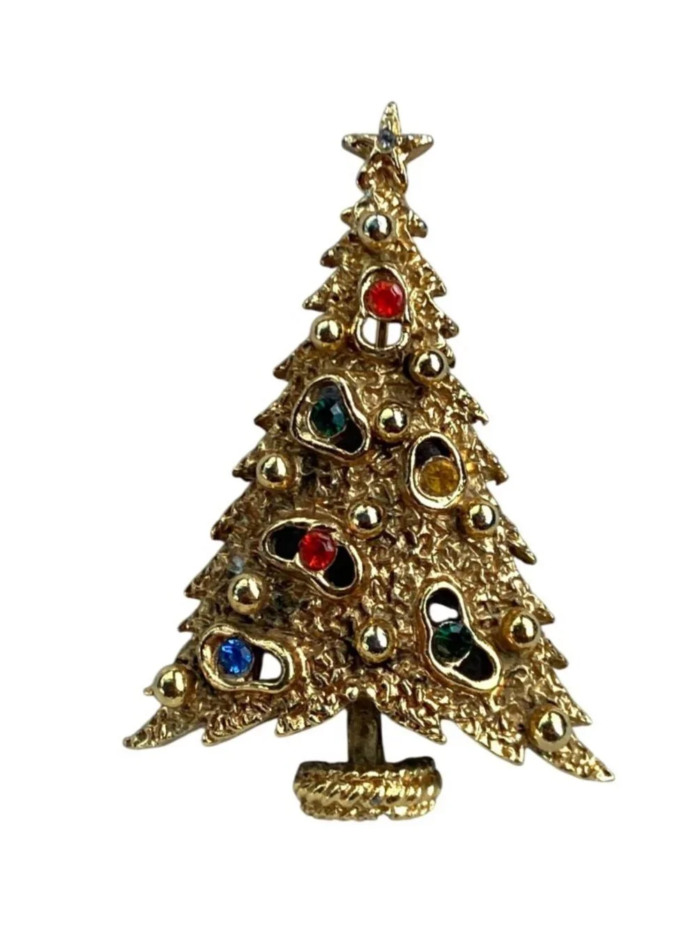 Gold Tone Christmas Tree Pin Brooch Multicolor Rhinestones Star Accent Signed